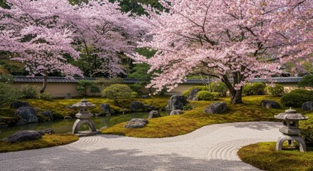 Beautiful Japanese Garden with Cherry Blossoms in Full Bloom.