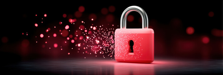 Cybersecurity pink padlock glowing on dark surface with particles and secure concept emotional