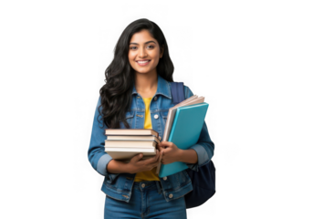 female student with books isolated on transparent background
