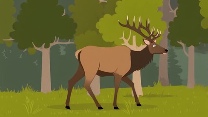 An animated cartoon elk strolls through the forest, its antlers catching the light. The artwork is clean, showing a peaceful natural scene