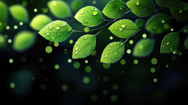 Close-up of fresh green leaves with water droplets on a dark background, evoking a sense of nature and tranquility.