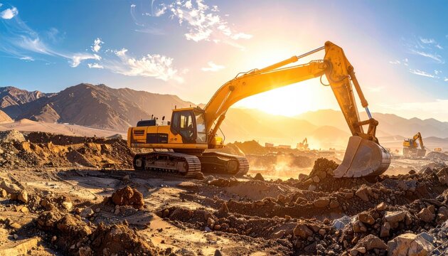 Yellow excavator digging earth in open mine pit during golden hour sunset with sun flare and dramatic sky