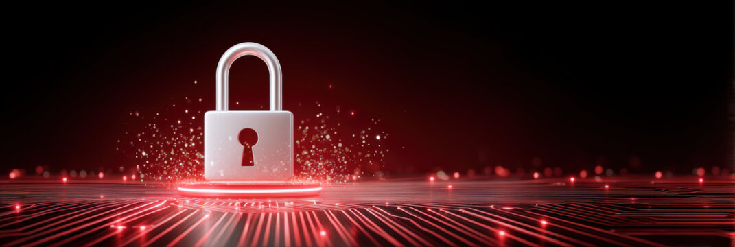 Secure padlock on glowing circuit board cybersecurity protection glowing red lights calm - Powered by Adobe