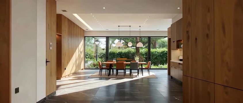 Elegant walkthrough of a modern home with wood interiors and sunlit dining area.