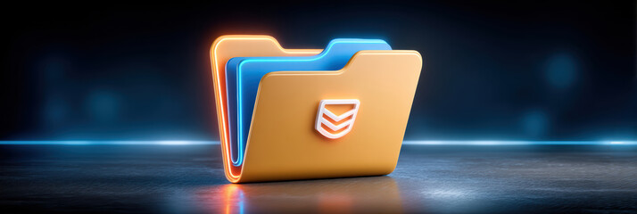 Cybersecurity glowing file folder icon reflective surface with neon rim lighting and futuristic