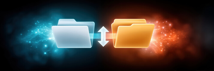 Secure file transfer concept with cybersecurity protection and glowing folder exchange