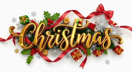 Festive Christmas greetings with golden lettering, glittering snowflakes, and ribbon accents for holiday cheer