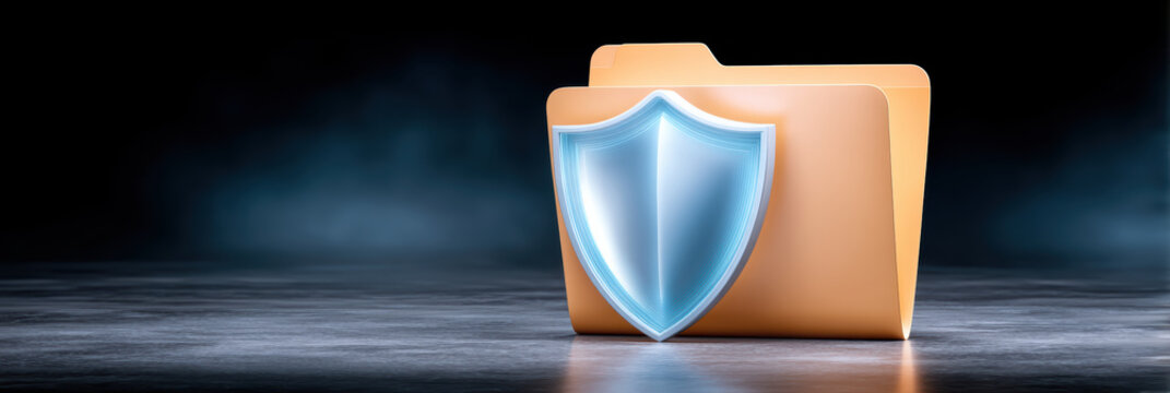 Secure file folder with cybersecurity shield icon protecting data and privacy in digital storage