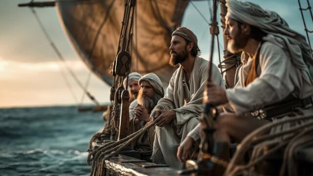 Video Group of men seated on the deck of a boat, perhaps enjoying a day out or waiting for something