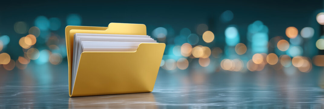 Secure folder with documents and cybersecurity concept glowing city bokeh background - Powered by Adobe