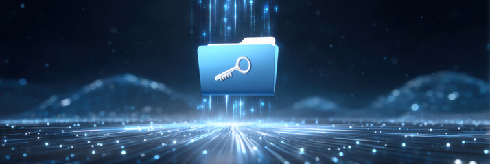 Secure folder with key icon cybersecurity digital data protection glowing network field