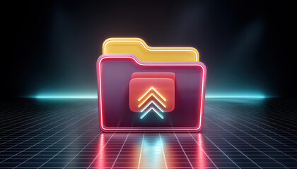 Neon folder cybersecurity concept with upload arrow glowing futuristic desktop