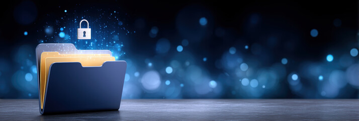 Secure file folder with glowing lock and cybersecurity shield protecting digital data