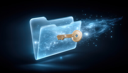 Secure digital folder glowing with key and cybersecurity light trail