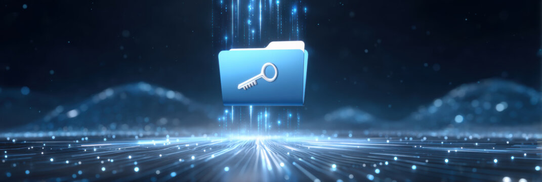 Secure folder with key icon cybersecurity digital data protection glowing network field