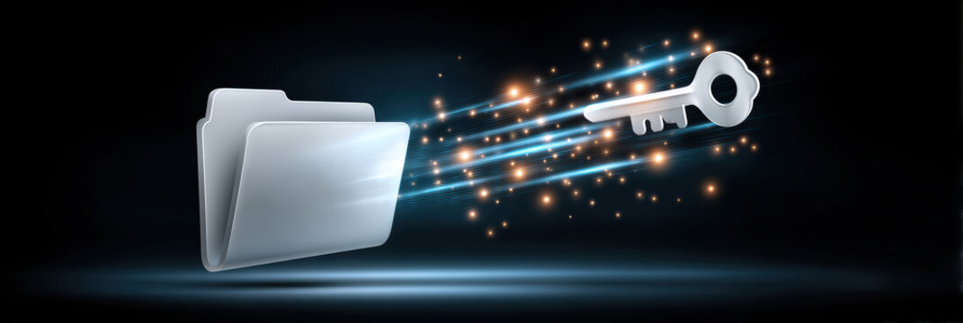 Secure folder and key cybersecurity protecting sensitive data with glowing lines and motion