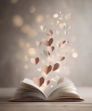  Elegant and chic book with clean white pages on a soft neutral background with glowing paper hearts, floating upward as if emerging from the written words symbolizing love 