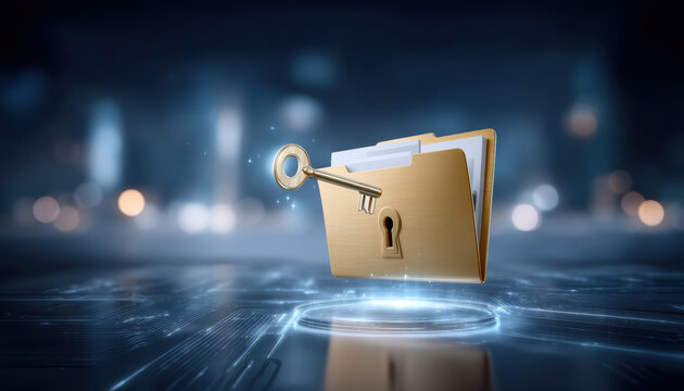 Gold folder with key and keyhole cybersecurity secure file access digital protection - Powered by Adobe