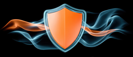 Orange shield with glowing blue aura and flowing smoke suggesting cybersecurity protection