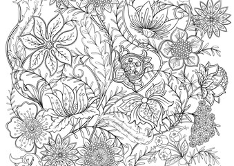 Ornate floral seamless pattern. Coloring page design. Elegant hand-drawn botanical motif with repeating layout for textile, wallpaper, classic flowers and foliage create a background