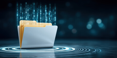 Secure file folder with glowing binary code and cybersecurity protection aura