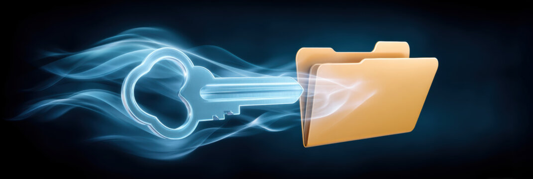 Secure glowing key unlocking folder concept cybersecurity protection glowing key folder digital