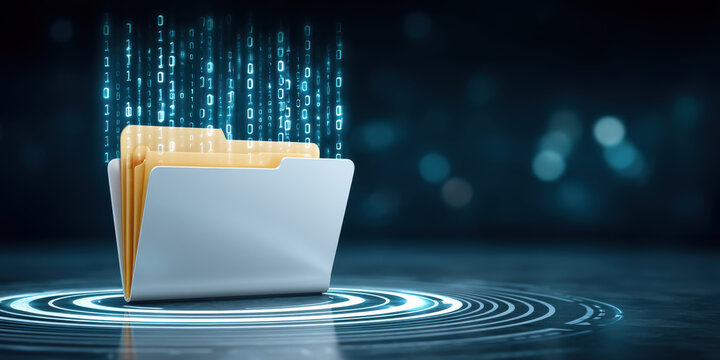 Secure file folder with glowing binary code and cybersecurity protection aura - Powered by Adobe