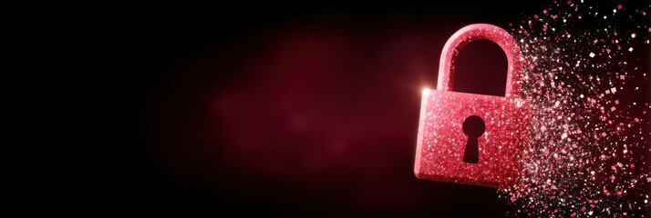 Cybersecurity red padlock dissolving into particles against dark background conveying secure