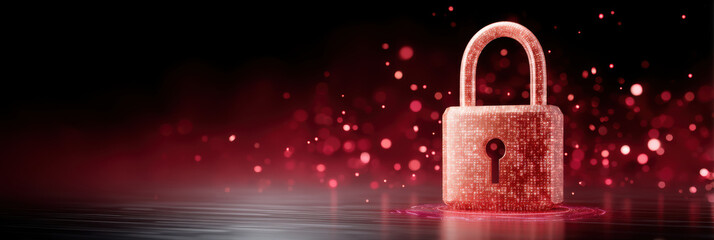 Cybersecurity lock glowing red with digital particles securing data and network protection