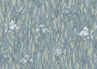 Seamless aquarium pattern with ornamental fish swimming among wavy green seaweed. Vector decorative design for textile and wallpaper, repeating tileable background tropical fish, detailed foliage
