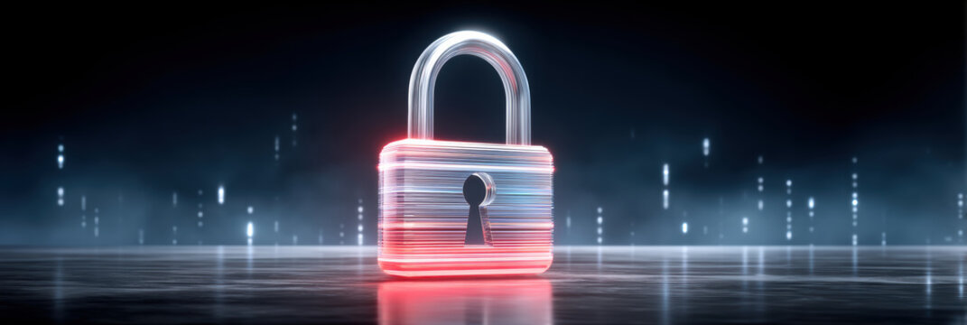 Secure metallic padlock glowing with neon lines cybersecurity protection futuristic calm