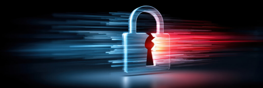 Secure digital padlock with streaming light and cybersecurity protection concept