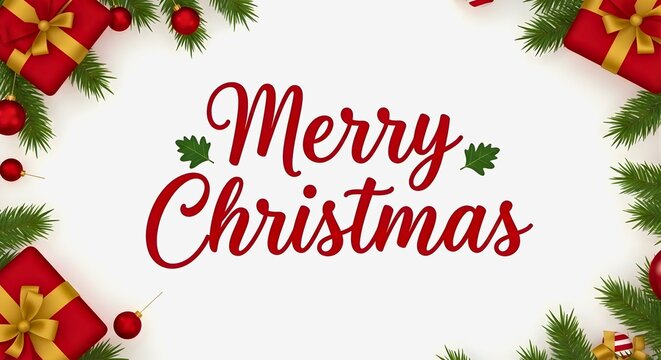 Joyful Merry Christmas message with festive ornaments and pine branches for holiday season greeting