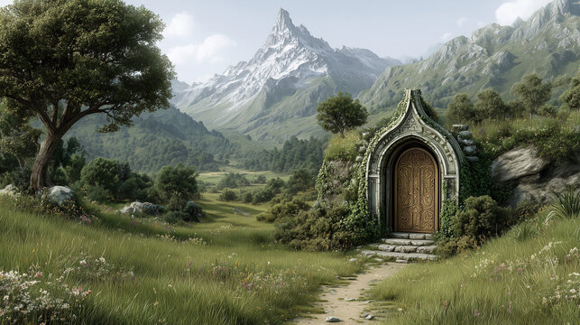 Enchanting adventure awaits at the mystical doorway in a breathtaking fantasy landscape filled with mountains, lush greenery, and a serene path leading to discovery