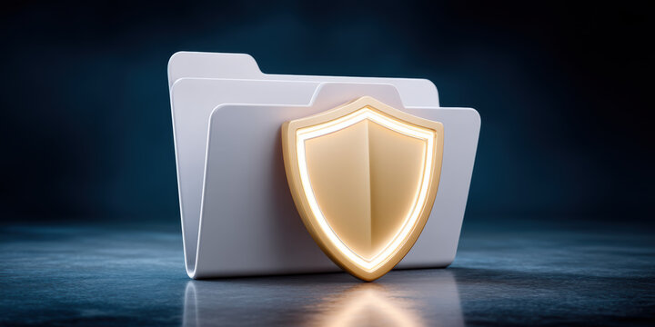 Secure file folder with glowing shield symbol representing cybersecurity protection and data - Powered by Adobe