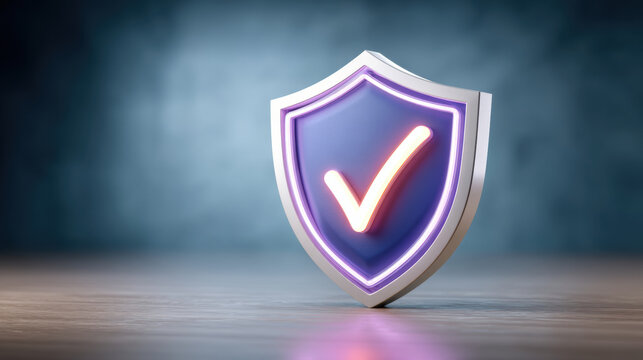 Secure shield with glowing checkmark symbol promoting cybersecurity and digital protection