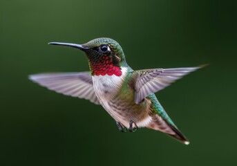 Ruby throated hummingbird in flight isolated on white background