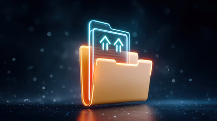 Neon file folder with glowing upload icon representing cybersecurity and secure data transfer