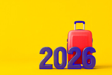 Travel plans for 2026 concept with red suitcase and yellow background with copy space
