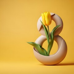 Yellow tulip inside a stylized number 8 on a plain background