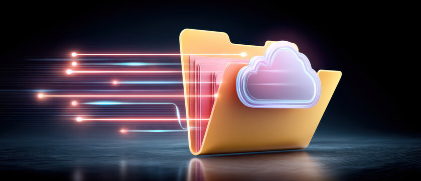 Cloud folder transferring data with cybersecurity protection and fast glowing network lines - Powered by Adobe