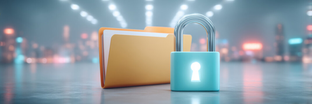 Secure folder with padlock symbol cybersecurity protecting digital files in neon city glow