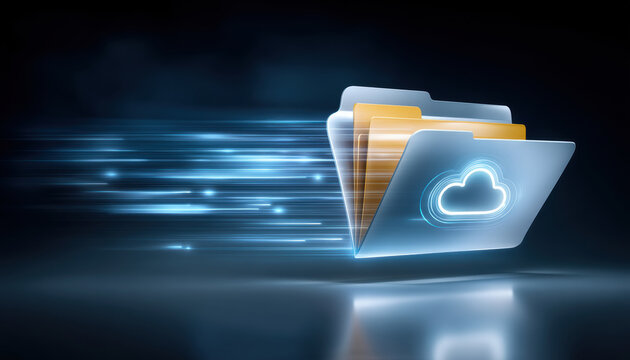 Cloud folder with glowing cloud icon and cybersecurity data transfer speed