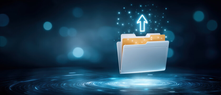 Cybersecurity file upload folder with upward arrow glowing futuristic data transfer scene