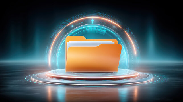Cybersecurity folder icon on digital platform protecting data with secure transfer aura