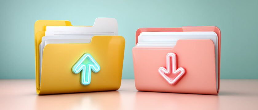 Neon upload and download folder with files cybersecurity concept showing data transfer