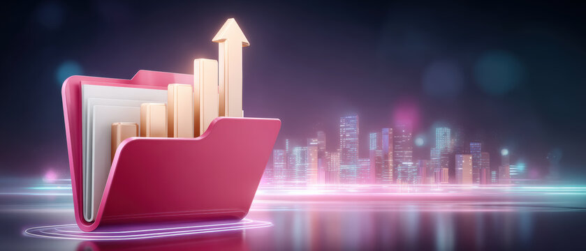 Pink folder with rising bar chart and cybersecurity concept glowing city skyline - Powered by Adobe