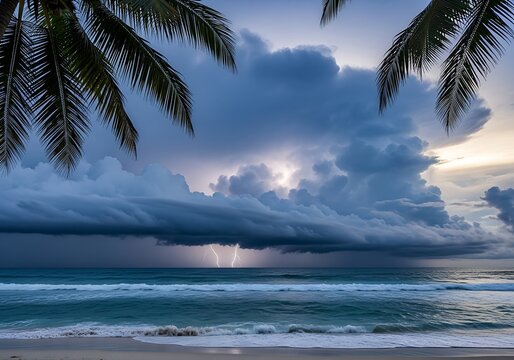 Dramatic Lightning Storm Strikes Tropical Ocean Beach Framed by Palms