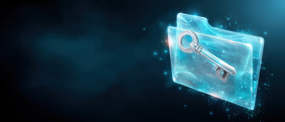 Secure digital folder with key symbol glowing representing cybersecurity protection and data