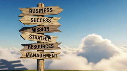 Wooden directional signpost with business-related terms against a cloudy sky